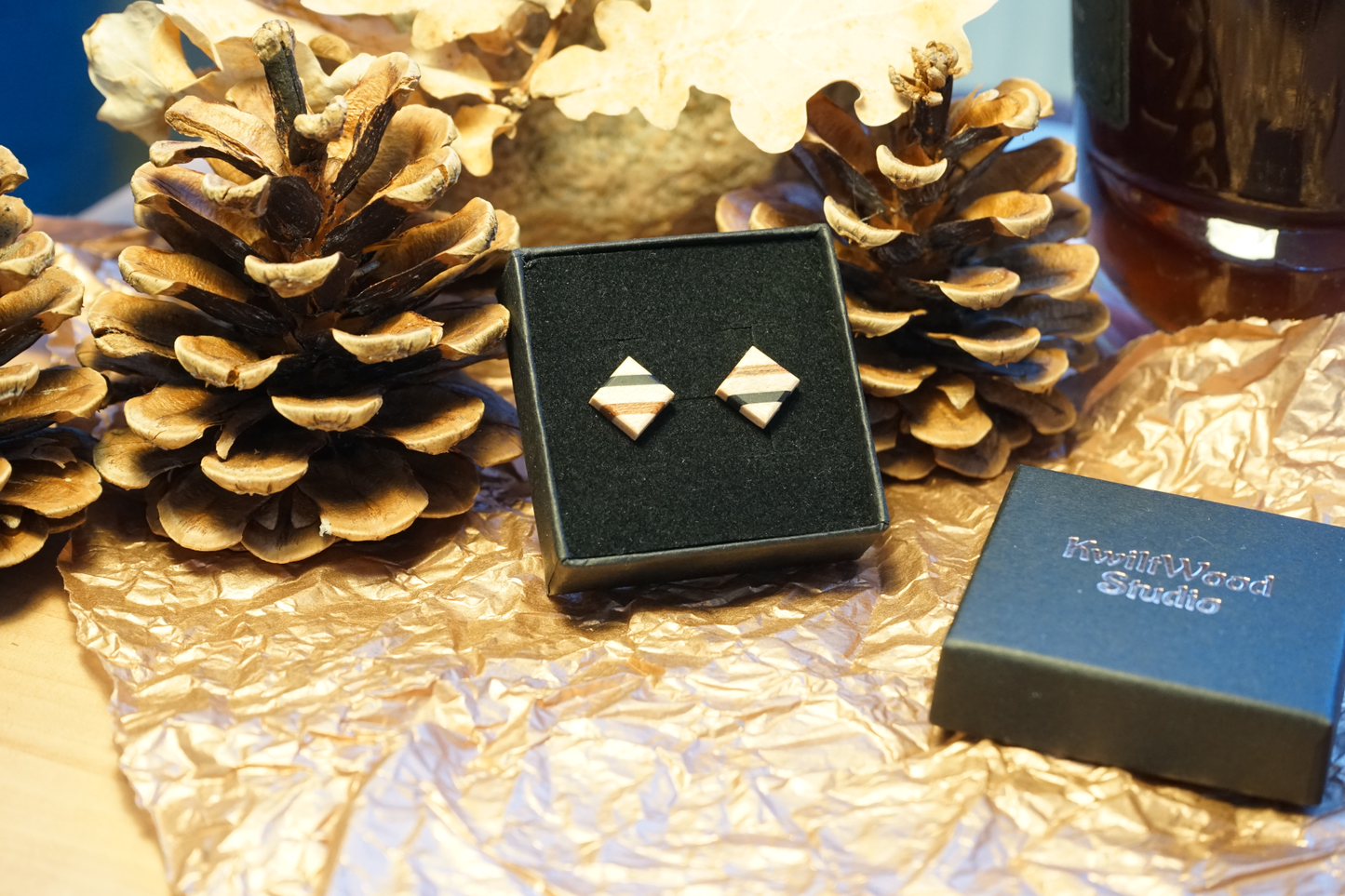 Small Stud Earrings with Diagonal Stripes Made of Maple Ebony and Mahogany | Gift for Wife | Wooden Anniversary Gift Idea