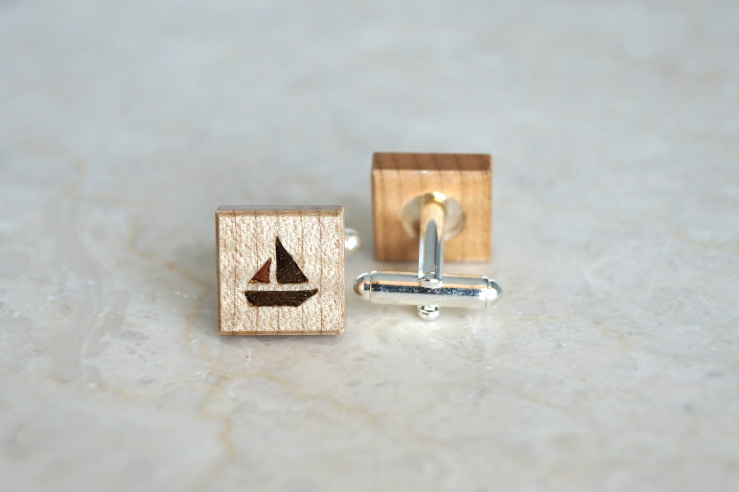 Natural Wood Inlay Cuff Links with Sailing Boat | Yachting Gift