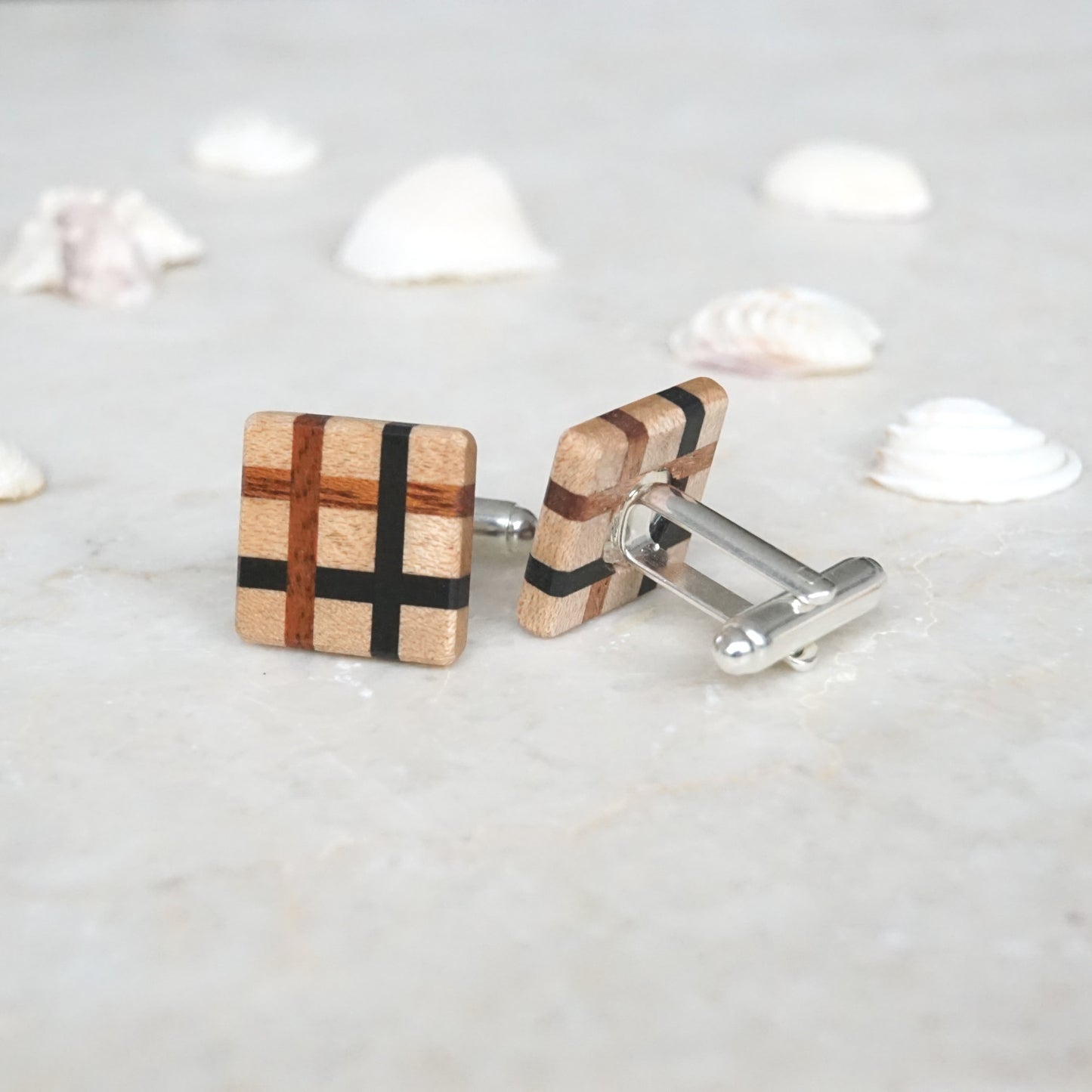 Natural Wood Elegant Cuff Links, Checkerd Design, Ebony Mahogany Maple, Groom Gift, Gift for Father, Gift for Wooden Anniversary