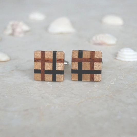 Natural Wood Elegant Cuff Links, Checkerd Design, Ebony Mahogany Maple, Groom Gift, Gift for Father, Gift for Wooden Anniversary