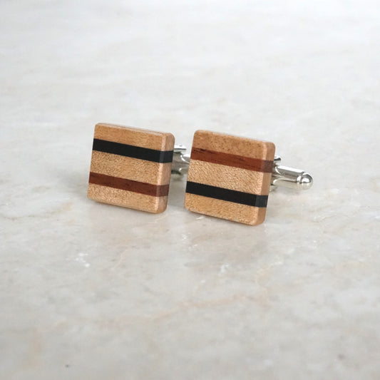 Wood Cuff Links Maple with Ebony/Mahogany Stripes