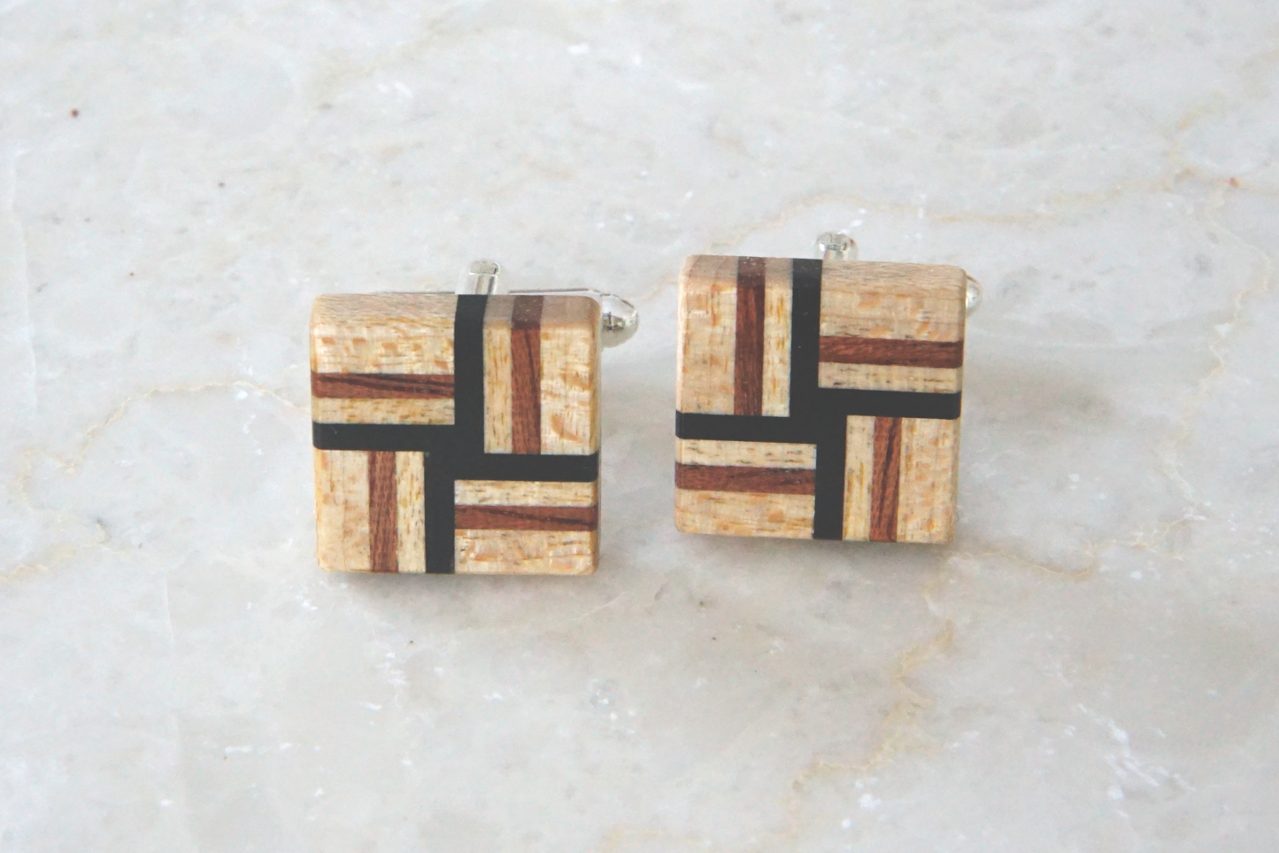 Wood Cufflinks Maple with Ebony/Mahogany Knot Pattern