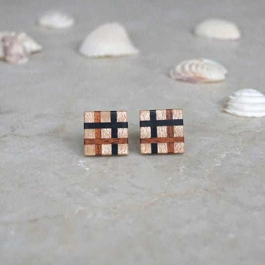 Checkered Wooden Stud Earrings Ebony Mahogany Maple