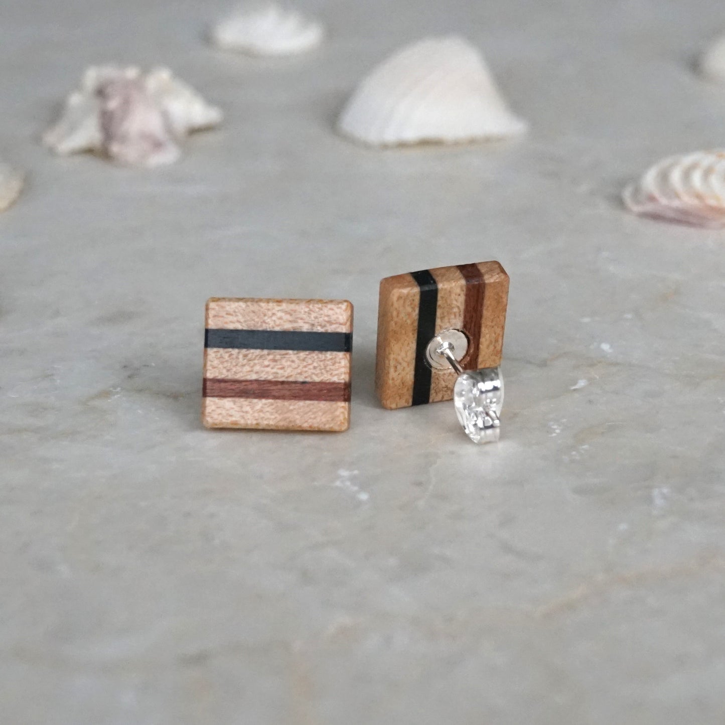 Striped Wooden Stud Earrings, Simple and Elegant, Made of Natural Wood, 5th Anniversary Gift, Gift for Mother, Gift for Girlfriend, Handmade