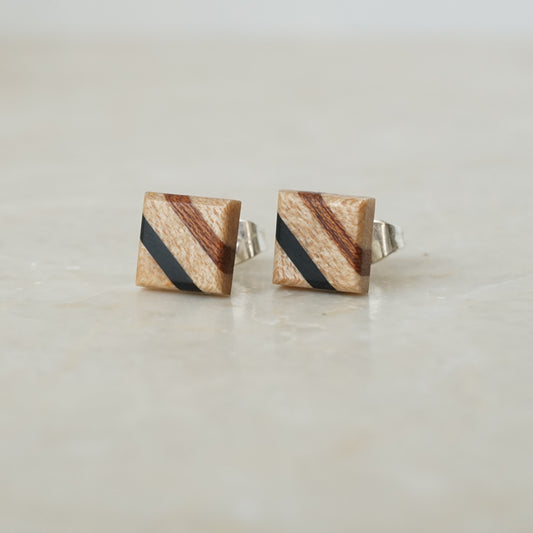 Small Stud Earrings with Diagonal Stripes Made of Maple Ebony and Mahogany | Gift for Wife | Wooden Anniversary Gift Idea