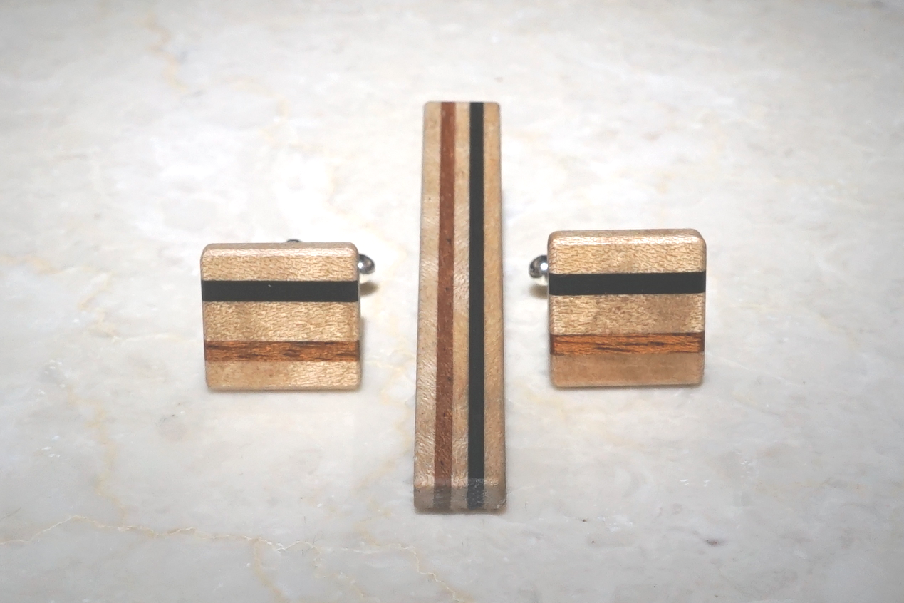 Wooden Tie Bar and Cufflinks Art Deco Style | Wooden Anniversary Gift | Wood Tie Clip Cufflinks | Gift for dad | Gift for Husband/Boyfriend