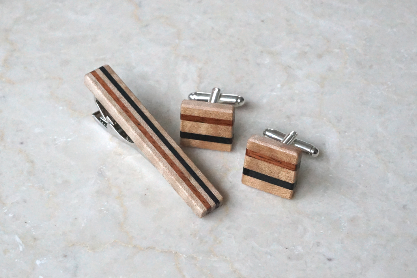 Wooden Tie Bar and Cufflinks Art Deco Style | Wooden Anniversary Gift | Wood Tie Clip Cufflinks | Gift for dad | Gift for Husband/Boyfriend