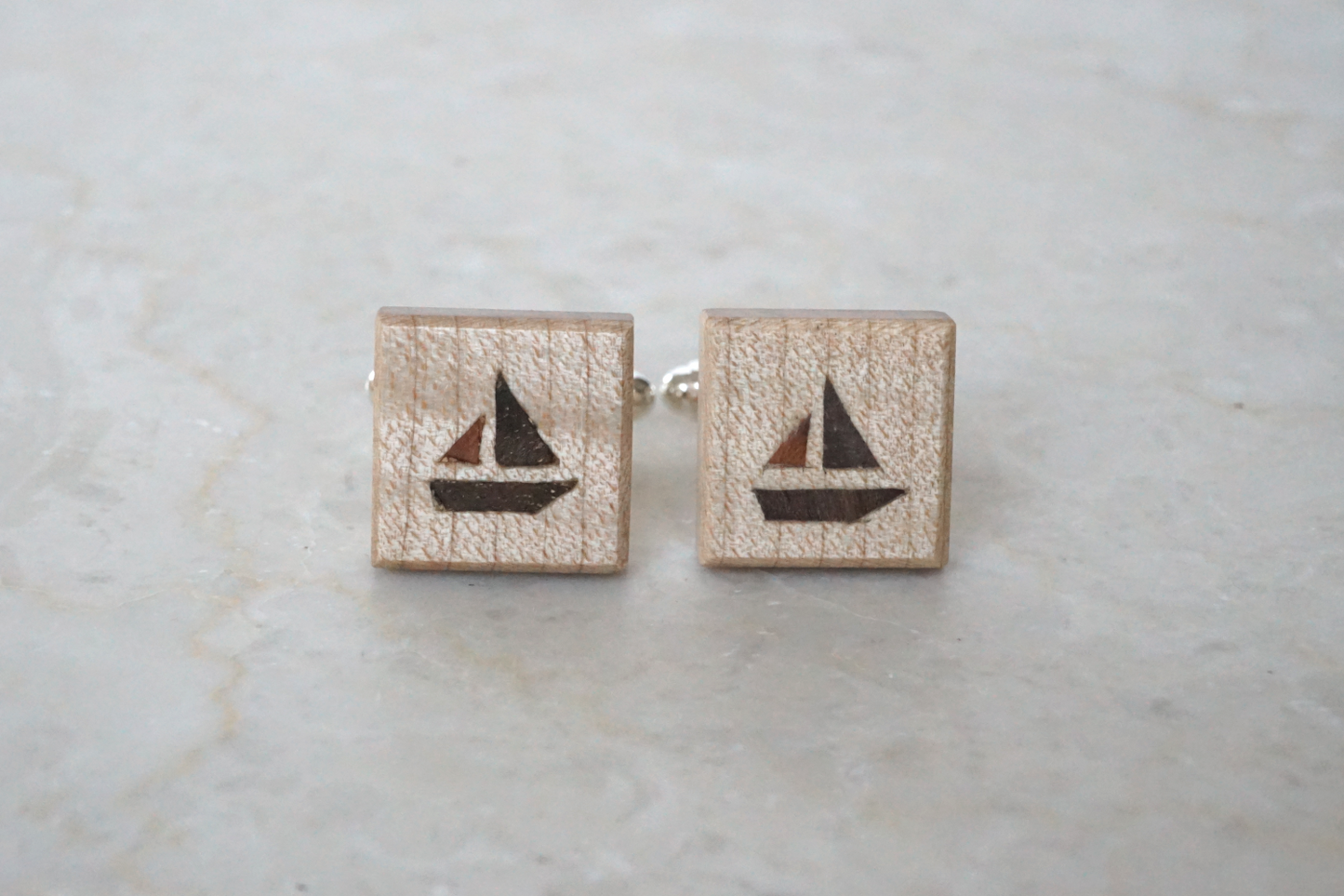 Natural Wood Inlay Cuff Links with Sailing Boat | Yachting Gift